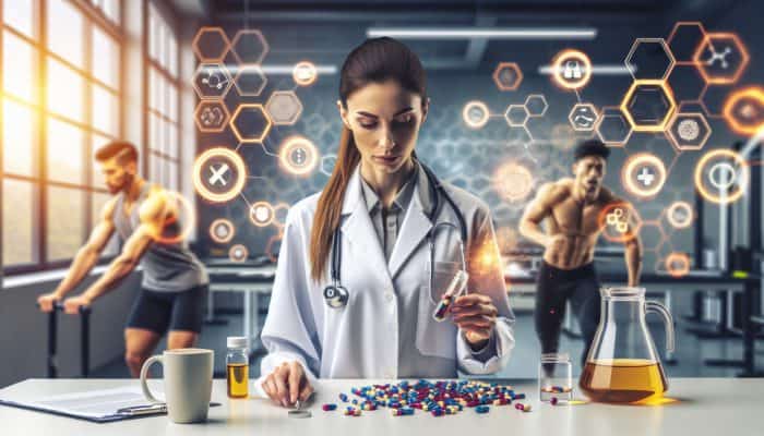 A scientist analysing caffeine supplements with charts, athletes preparing for a workout in the background.