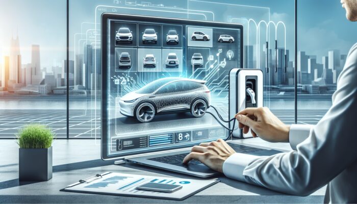 Individual finalising an electric vehicle rental on a laptop, showcasing EV models on screen, with a charging station and urban skyline visible.