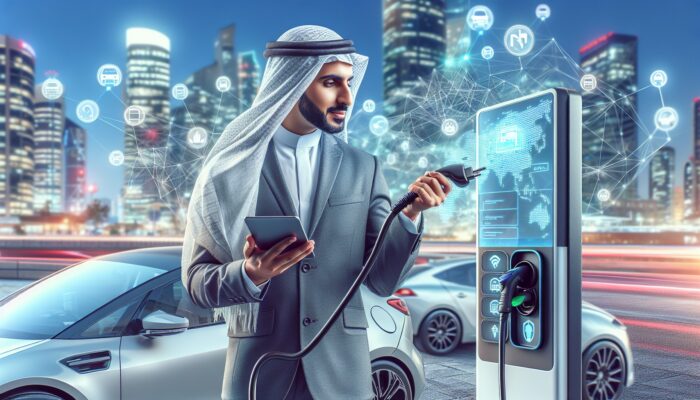 A person utilising a touchscreen to locate charging stations for an electric rental car in an urban environment.