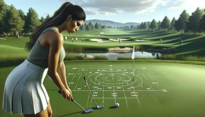 Golfer practicing putting on a serene course, visualising ball's path, with focus drills marked on green.