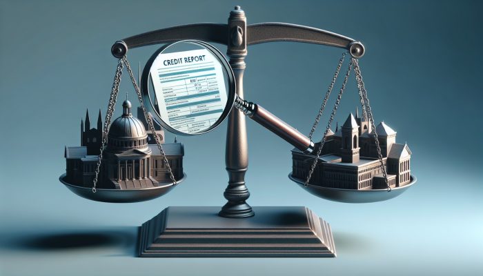 How Credit Inquiries Affect Consolidation Loans: UK Guide | DCL A scale with a credit report and magnifying glass, UK financial backdrop, symbolising credit inquiries' impact on scores and borrowing.