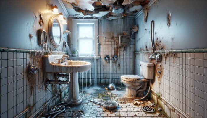 A bathroom showing various shower issues such as leaks, cracks, and mould, needing expert repair.