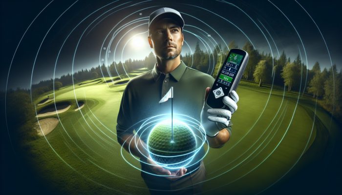 A golfer using a handheld GPS device on a vibrant golf course, showcasing satellite imagery that indicates distances to the flag and hazards.