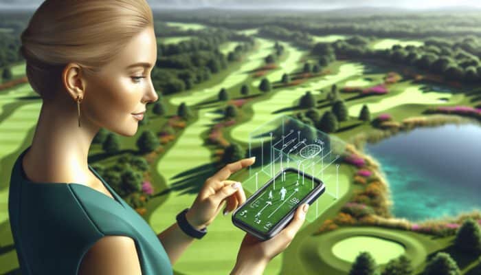 A golfer using a modern GPS device on a vibrant green course under a sunny sky.