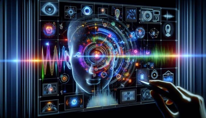 Optimising Videos For AI Overviews: AI analyzing video with overlays highlighting objects, movements, facial expressions, and audio analysis.