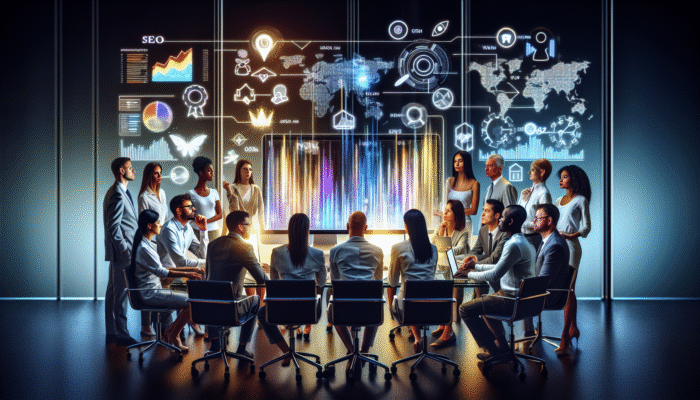 A group of professionals analysing SEO analytics on a computer screen in a modern office.