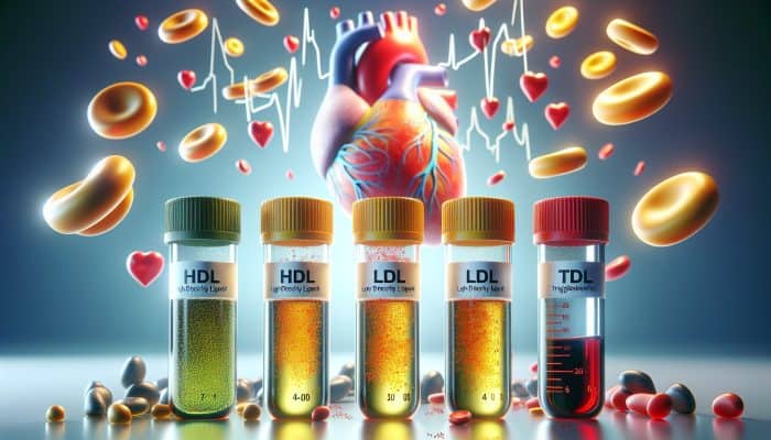 Illustration of cholesterol blood test vials labelled HDL, LDL, triglycerides, with a heart background.