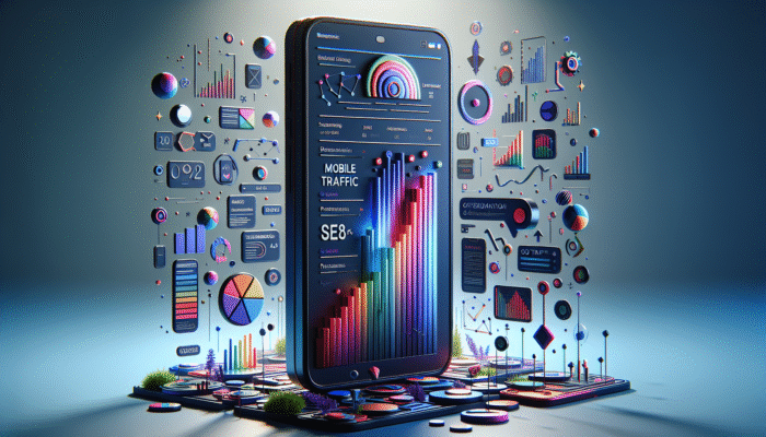 A smartphone displaying an optimised website with title tags, complemented by graphs illustrating mobile traffic and SEO performance.