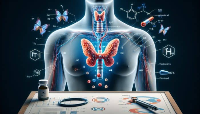 Illustration of the thyroid gland located below the Adam's apple, releasing T3 and T4 hormones essential for metabolism, energy, and heart rate regulation.