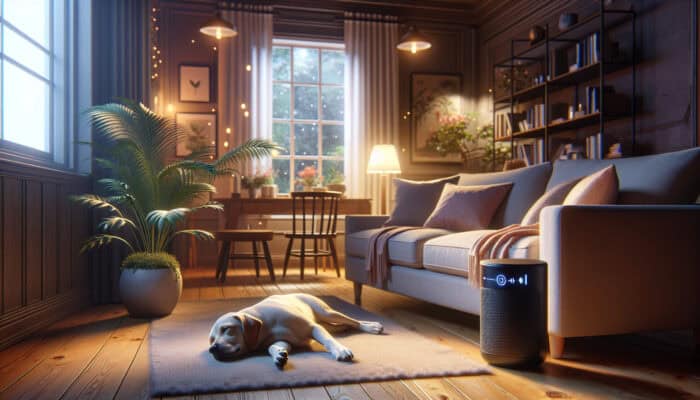 A dog relaxing on a couch, calmed by music from a Bluetooth speaker in a serene living room.