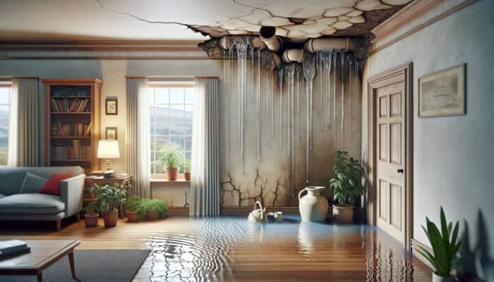 Visible water damage on walls and ceilings, rising water bill, late 20th-century house with Poly B pipes.