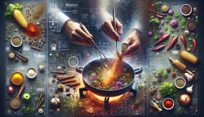 Spices blooming in a pan, fresh herbs sprinkled on a finished dish.