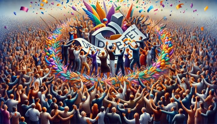 How to Celebrate Debt Consolidation Wins: UK Style | DCL A joyful celebration with family and friends, vibrant decorations, and a 'Debt Free' banner, showing happiness and community.