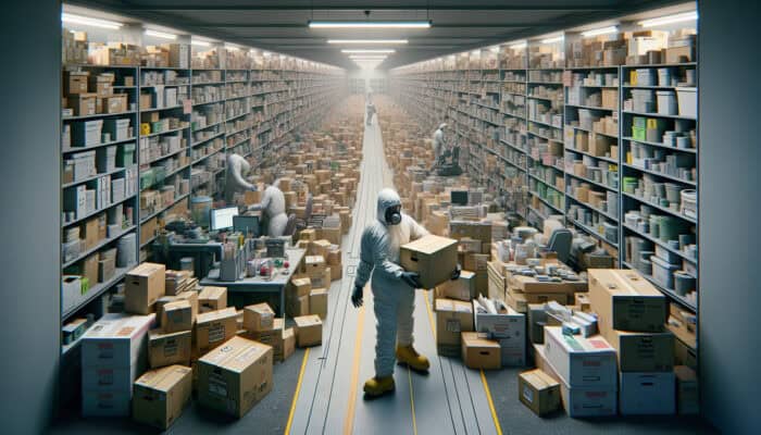 Person in protective gear lifting box safely in cluttered room with clear pathways and labelled hazardous materials.