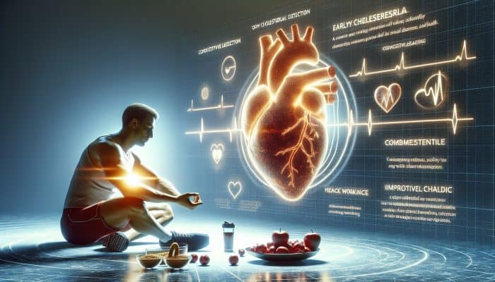 Person empowered by early cholesterol detection, engaging in healthy lifestyle with glowing heart symbol.