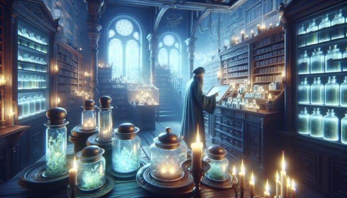 A mystical apothecary with glowing jars of herbs, ancient books, and a wise herbalist studying under ethereal light.