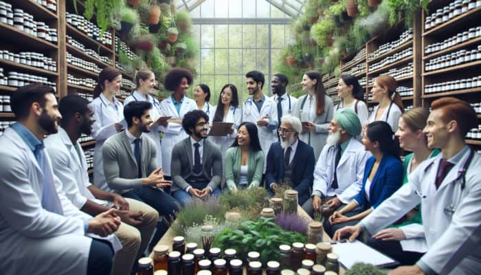 UK herbalists and healthcare professionals consulting patients in a lush herb garden with traditional and scientific remedies.