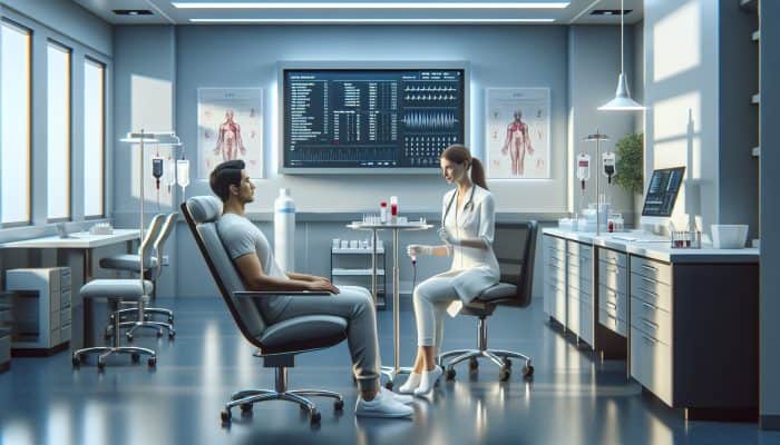 Patient giving blood sample for liver test in a modern clinic, guided by healthcare provider.