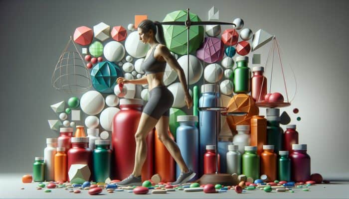 A marathon mom reading supplement labels, surrounded by vitamins, with a scale showing nutrient imbalance.