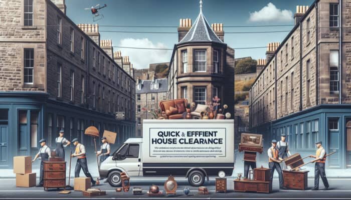 A vintage van on a busy Edinburgh street, professionals clearing a historic house of furniture and antiques.