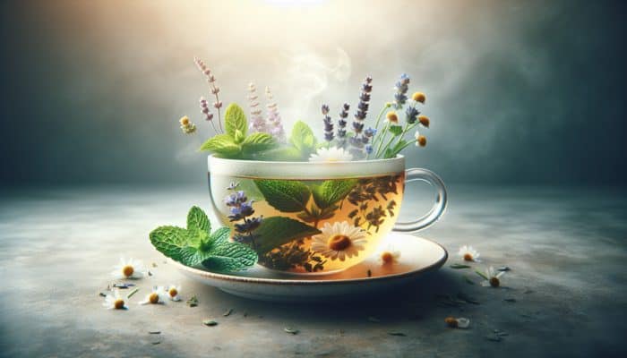 A serene cup of herbal tea with steam, featuring mint, chamomile, lavender, and lemon balm blends.