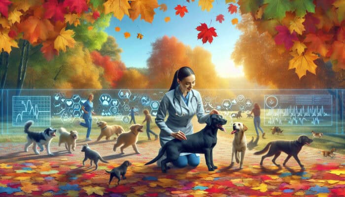Pets playing in autumn leaves with vet check and health icons.