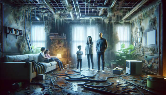 Mold growth and structural damage from water leak, family in respiratory distress.