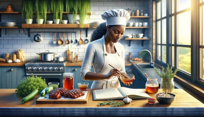 Chef adjusting marinade with herbs and honey, noting flavors in journal, in vibrant kitchen.