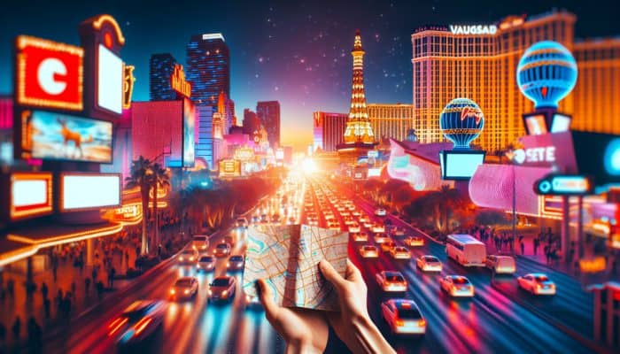 Las Vegas Strip at night, visitors using a map to locate local hidden gems while avoiding tourist traps.