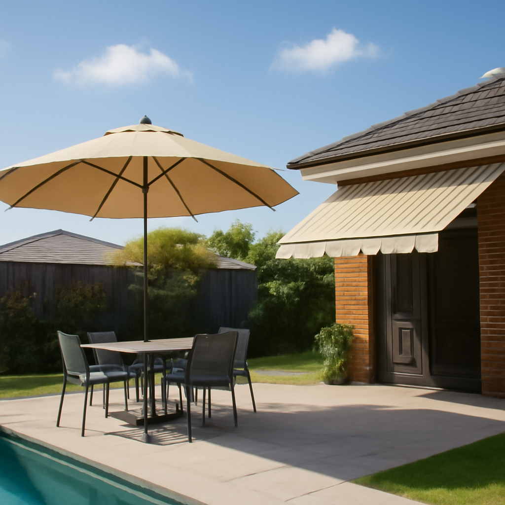 Illustration for flexible freestanding shade solutions: umbrellas and retractable awnings for Brisbane backyards
