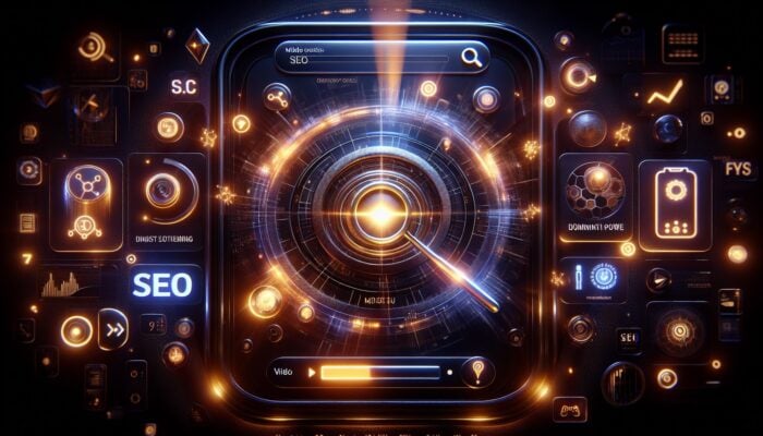 How to Optimise for Mobile-First Video Indexing: A futuristic search engine interface emphasizing mobile devices, with graphs showing mobile traffic dominance and SEO tools for video optimization.