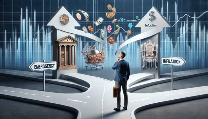 Person at crossroads with signposts for emergency funds, non-essentials, and inflation, confused against financial chart.