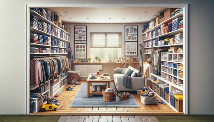 A tidy UK home featuring sorted clothes, books, and household items in the living room, kitchen, and hallway.