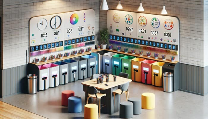 A well-organised sorting station positioned near the home entrance featuring labelled bins, a table, clock, seating, and refreshments.
