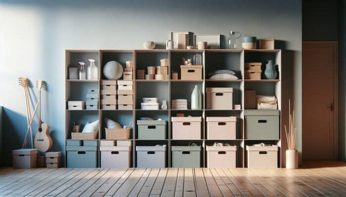 A minimalist room with four labelled boxes for sorting items: Keep, Donate, Sell, Trash, organised by an expert.