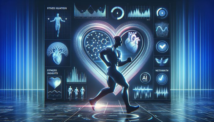 A futuristic dashboard showing personalised men's health metrics including fitness, nutrition, and mental well-being, with AI insights.