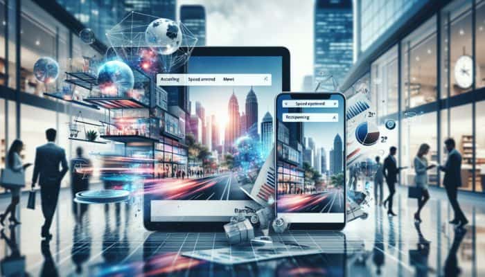 E-commerce website displayed on smartphone and laptop, showcasing user-friendly navigation, fast loading times, and mobile responsiveness in a Bampton setting with shoppers.