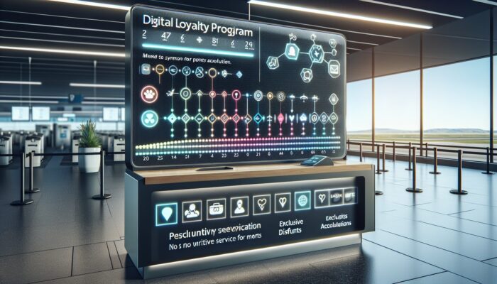 Modern car rental desk at the airport with a digital loyalty program interface on a touchscreen, showcasing point accumulation, exclusive discounts for members, and priority service lines for members.