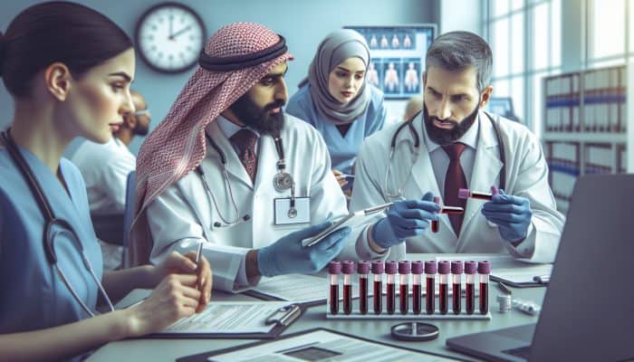Infographic on thyroid blood testing insights in a modern Wolverhampton clinic with medical professionals.