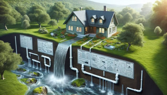 Downspout Drainage Services in Surrey: Illustration of a home with effective downspout drainage system directing water away from foundation, preserving landscaping.