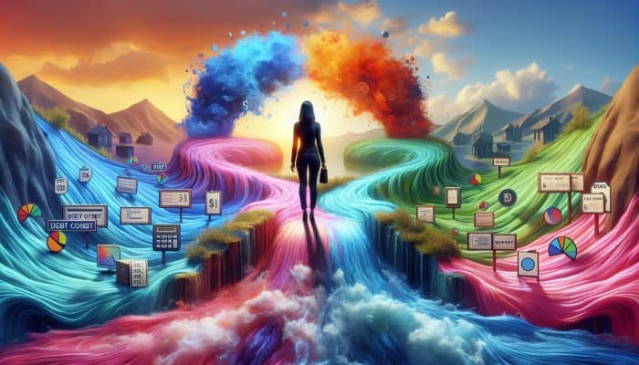 Does Debt Consolidation Ruin Your Credit: A person merging colourful debt streams into a clear river, symbolising debt consolidation and financial relief.