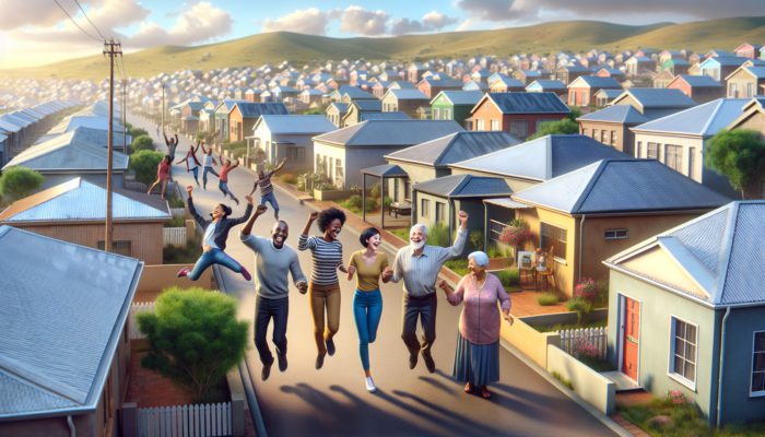 A vibrant Soweto neighbourhood with diverse homes and people celebrating new homeownership through various home loans.