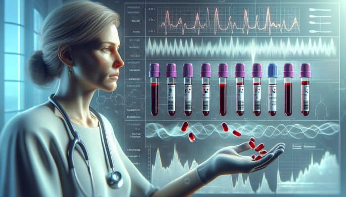 Menopause Blood Test in Cramlington: A woman undergoing a menopause blood test with vials labelled FSH and oestrogen, alongside hormonal graphs and symptoms depicted.
