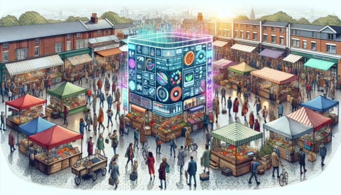 A vibrant Weston-super-Mare street market with stalls selling local products and digital WooCommerce displays.