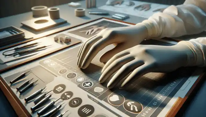 Latex Gloves in Alnwick: Hands wearing flexible, elastic latex gloves, utilised in medical, dental, and industrial settings.