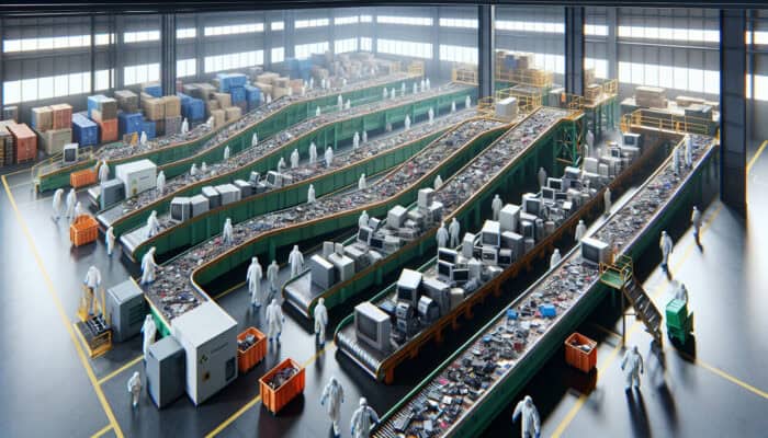 Scene at a recycling center: e-waste sorting on conveyor belts, workers in protective gear, hazardous material disposal signs.