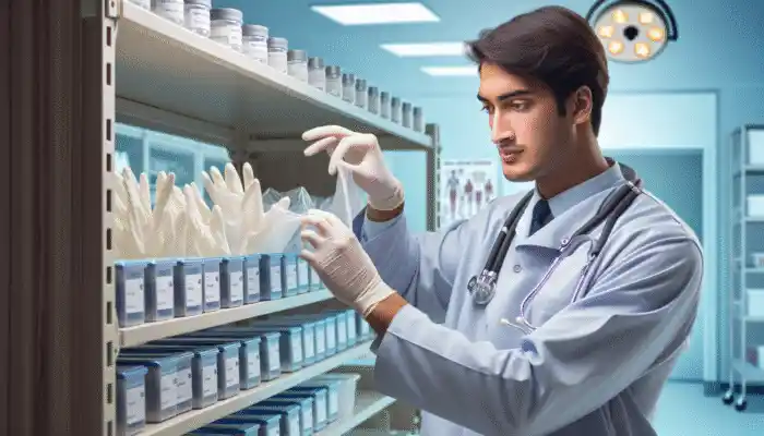 A healthcare professional in Bedford reviewing sterile glove boxes on a hospital shelf.