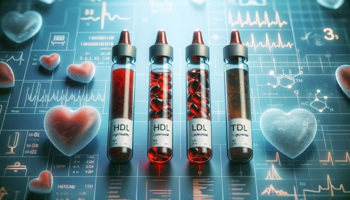 Cholesterol Blood Test in Eccles: Illustration of cholesterol test vials labelled HDL, LDL, triglycerides, with a heart symbolising heart health.