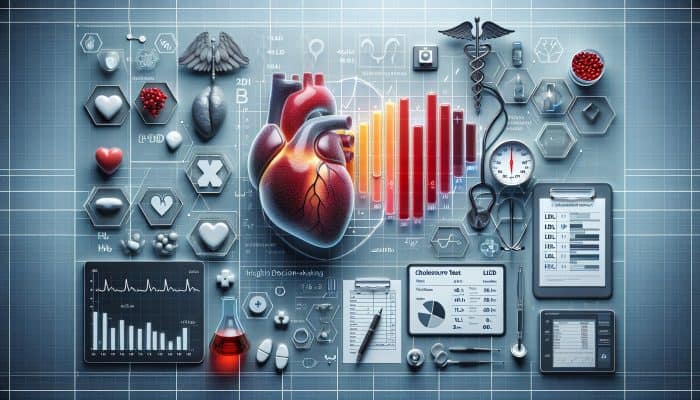A cholesterol test report with LDL, HDL, triglyceride graphs, heart, and medical symbols highlighting health insights.