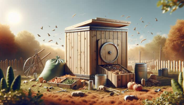 A sturdy, ventilated compost bin with a sealed design located in a sunny yard, filled with pet waste, surrounded by composting tools and various composters.